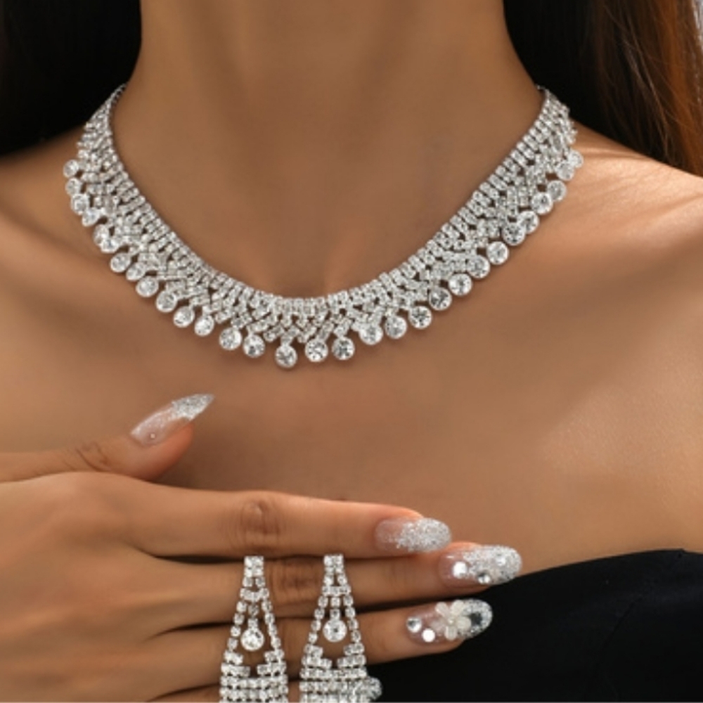 Luxury Crystal Stone Tassel Silver Plated Earrings Necklace 2pcs/Set Fine Jewelr